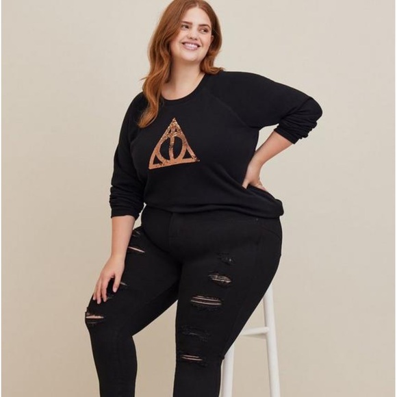 Torrid Harry Potter Deathly Hollows Sequin Graphic Raglan Sweatshirt Black 2X - Picture 3 of 7